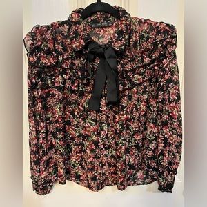 Zara Long Sleeve Collared Tie Neck Floral Blouse Small